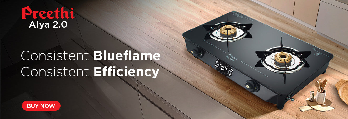 Preethi Alya 2.0 gas stove on a kitchen counter with branding and product features highlighted.