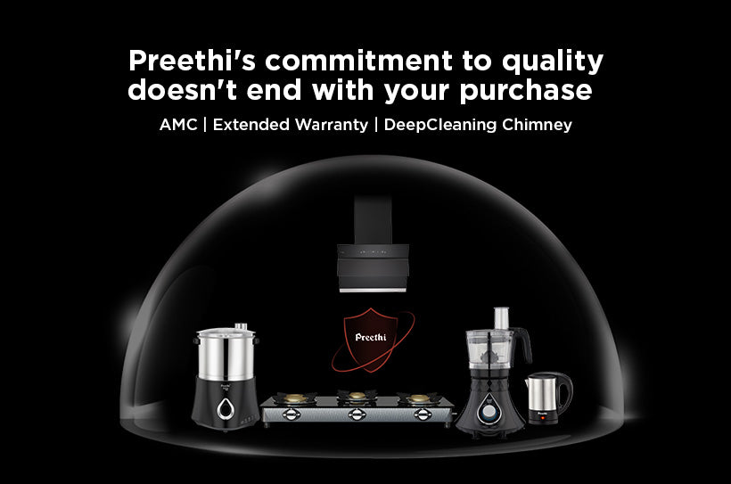 Product display with 'Preethi' branding on a black background, featuring text about product quality and warranties.