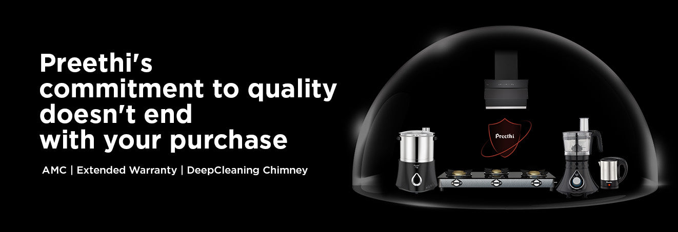 Product display with 'Preethi' branding on a black background, featuring text about product quality and warranties.