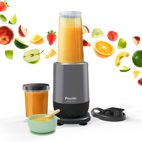 Preethi MiniBlend Compact Food and Juice Blender for Lump Free Purees, Smoothies and Protein Shakes | Razor sharp Ninja blades with 2 Leak-proof Jars , Sipper & Storage Lids | Free Lifelong Service
