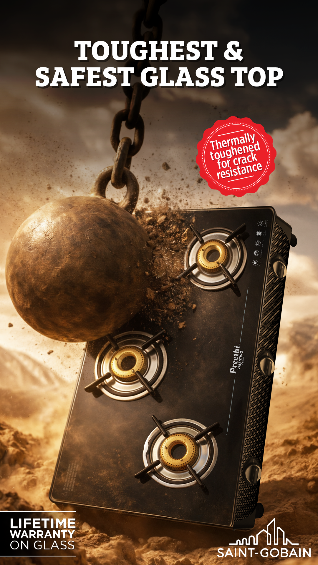toughest & safest glass top - Preethi Saint-Gobain gas stoves