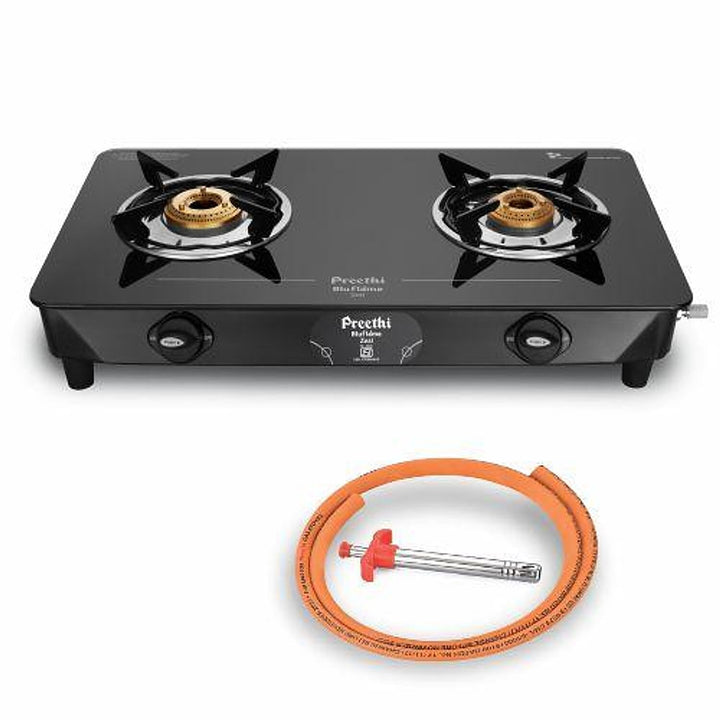 Preethi Zeal 2 Burner Glass Top Gas Stove + Free Lighter & LPG Hose