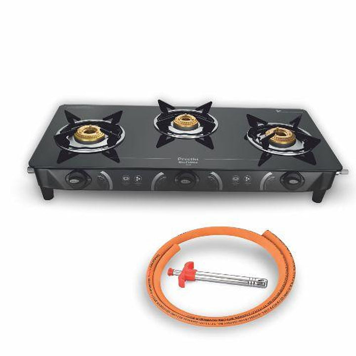 Preethi Zeal 3 Burner Glass Top Gas Stove + Free Lighter & LPG Hose