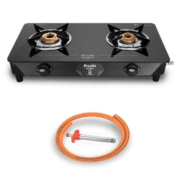 Preethi Zeal 2 Burner Glass Top Gas Stove + Free Lighter & LPG Hose