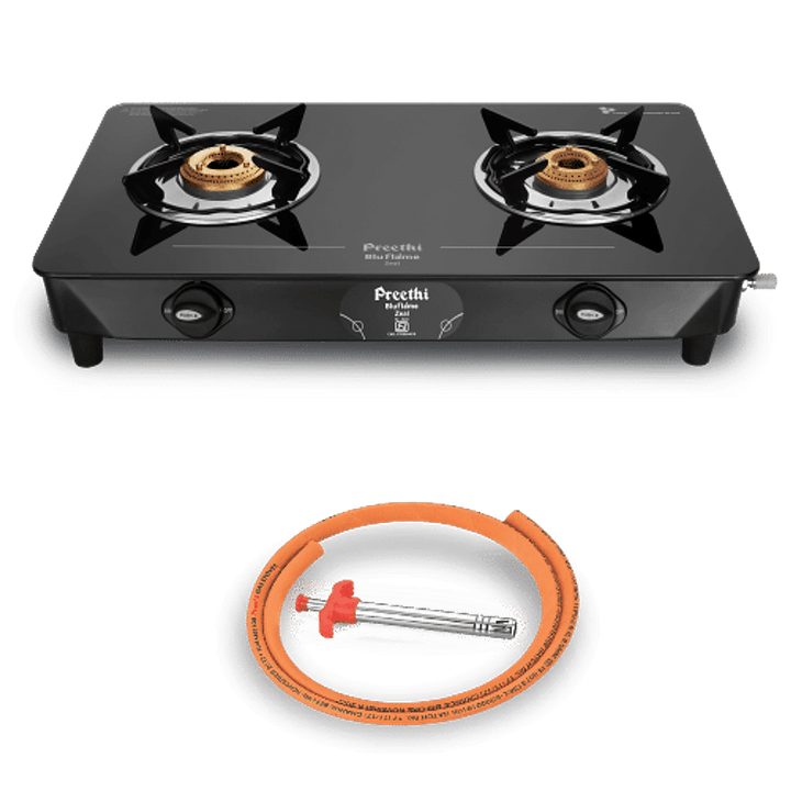 Preethi Zeal 2 Burner Glass Top Gas Stove + Free Lighter & LPG Hose