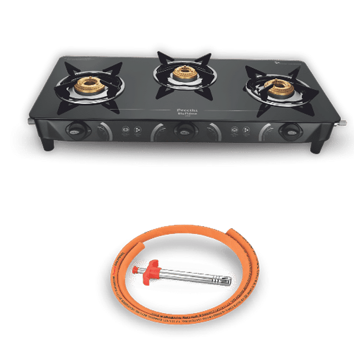Preethi Zeal 3 Burner Glass Top Gas Stove + Free Lighter & LPG Hose