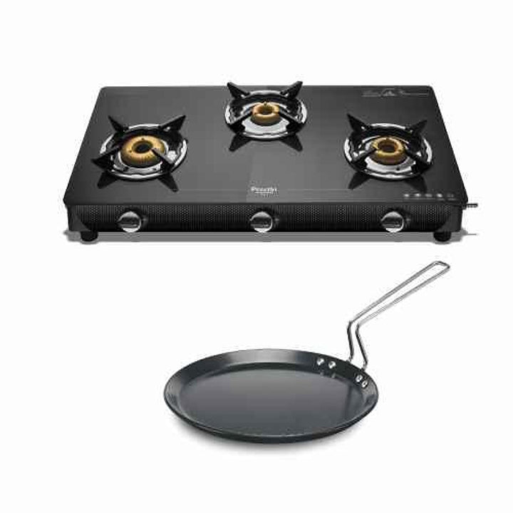 Preethi Valentino 3 Burner Glass Top Gas Stove + Get Free Futura Tawa