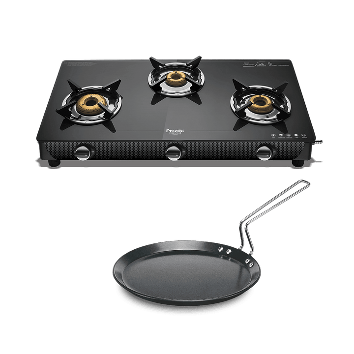 Preethi Valentino 3 Burner Glass Top Gas Stove + Get Free Futura Tawa