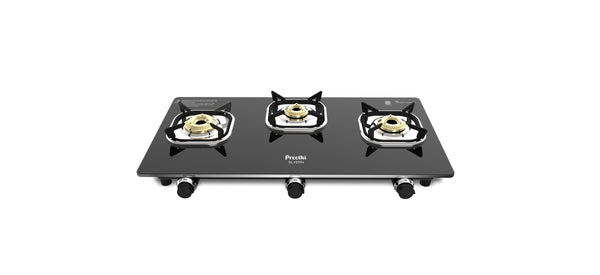 Preethi Silverin 3 Burner Glass Top Gas Stove | Easy-to-Clean with XL Spill Tray | Sparkling Clean in 2 Minutes | 5-Year Glass & Burner Warranty | Lifetime Valve Warranty | ISI Certified
