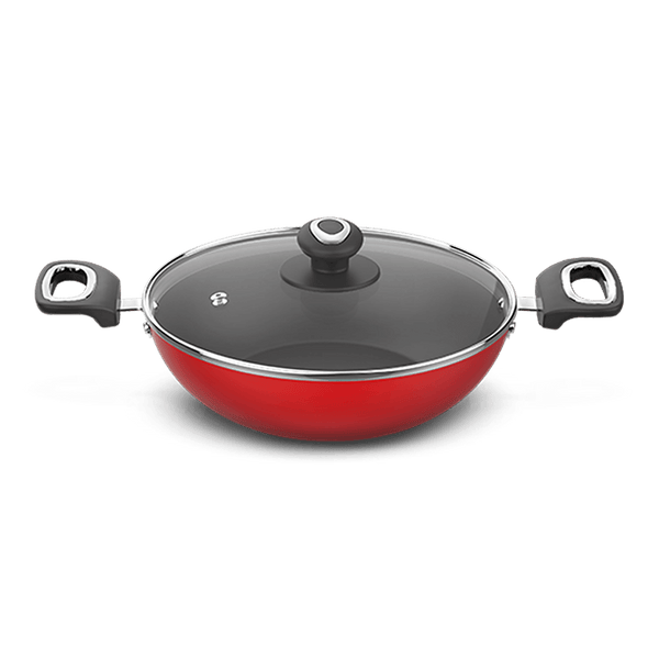 Preethi Dura Collection Non Stick Kadai, 24 cm, With Glass Lid, Gas & Induction Compatible, 5 Star Non Stick Effect, Chilly Red