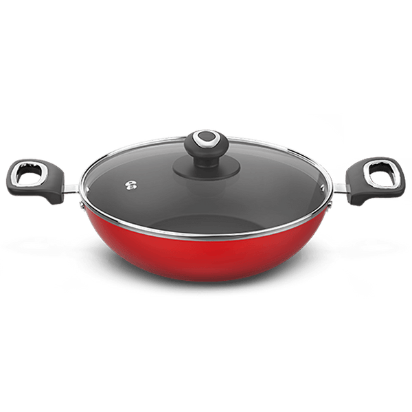 Preethi Dura Collection Non Stick Kadai, 26 cm, With Glass Lid, Gas & Induction Compatible, 5 Star Non Stick Effect, Chilly Red