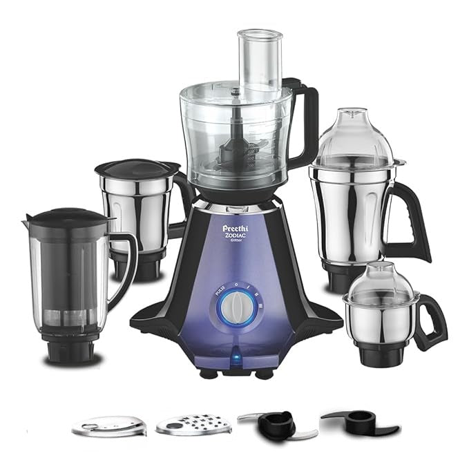 Preethi Zodiac Glitter Mixer Grinder+Food processor I 750 Watt I 5 Jars (3 Stainless steel Jars +1 Juicer Jar+1 Master Chef Plus Food processor Jar)-MG 264
