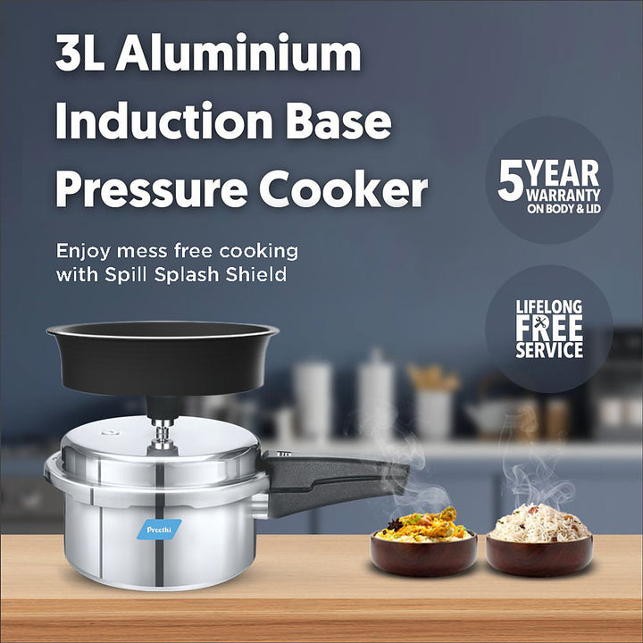 Preethi Induction Base Aluminium Outer Lid Pressure Cooker, 3 Litres-(Spill Splash Shield) PC 023
