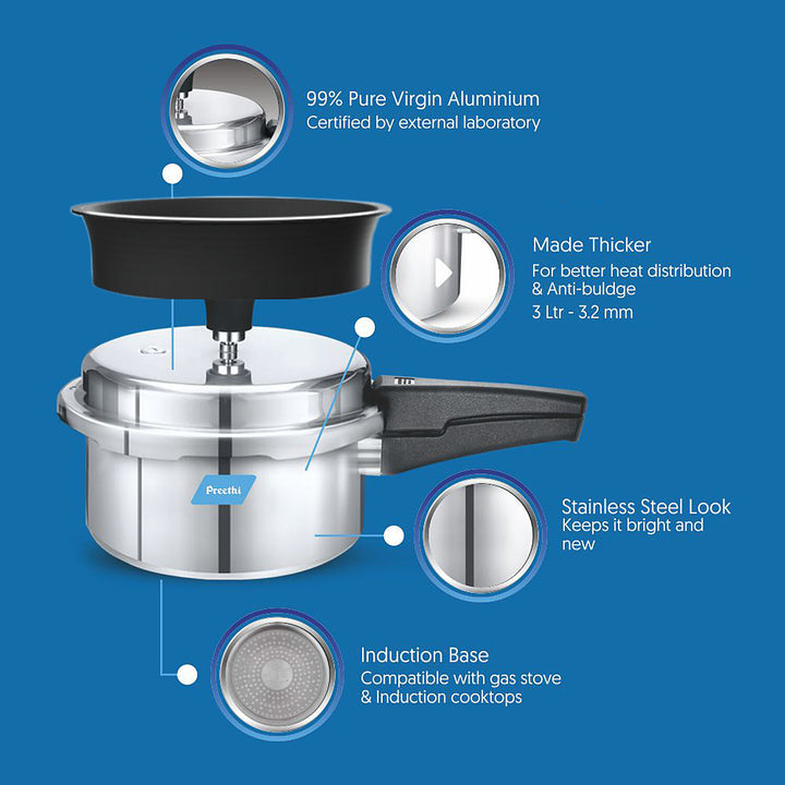 Preethi Induction Base Aluminium Outer Lid Pressure Cooker, 3 Litres-(Spill Splash Shield) PC 023