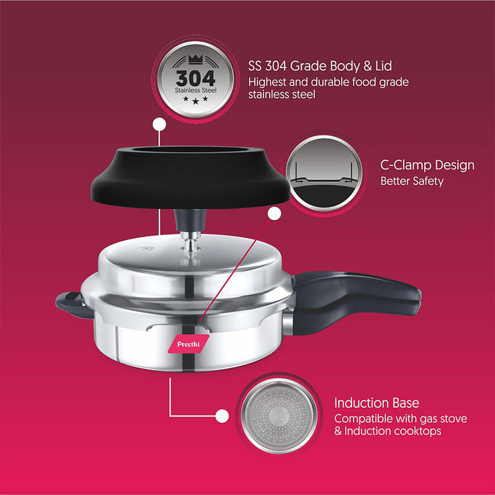 Preethi Induction Base Stainless Steel Outer Lid Pressure Cooker, 3 Litres, Silver-(Spill Splash Shield) PC 025