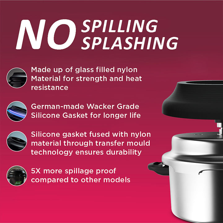 Preethi Induction Base Stainless Steel Outer Lid Pressure Cooker, 5 Litres, Silver-(Spill Splash Shield) PC 026