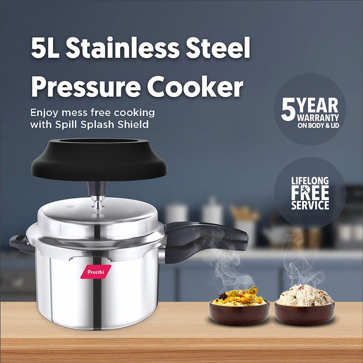 Preethi Induction Base Stainless Steel Outer Lid Pressure Cooker, 5 Litres, Silver-(Spill Splash Shield) PC 026