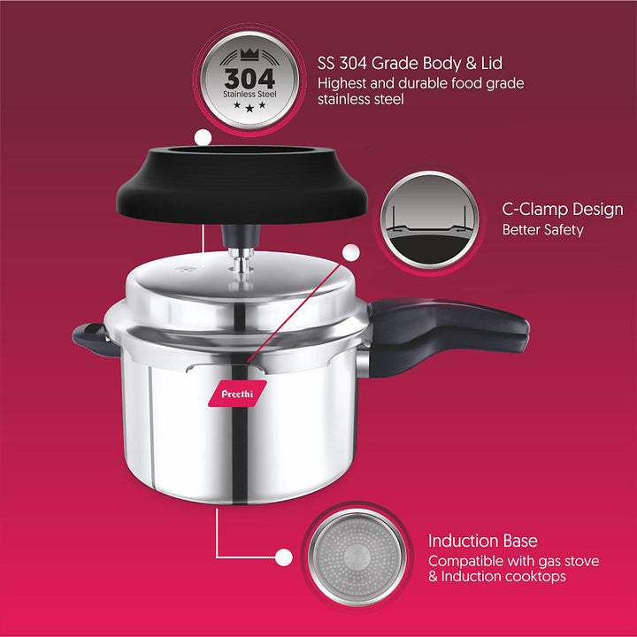 Preethi Induction Base Stainless Steel Outer Lid Pressure Cooker, 5 Litres, Silver-(Spill Splash Shield) PC 026