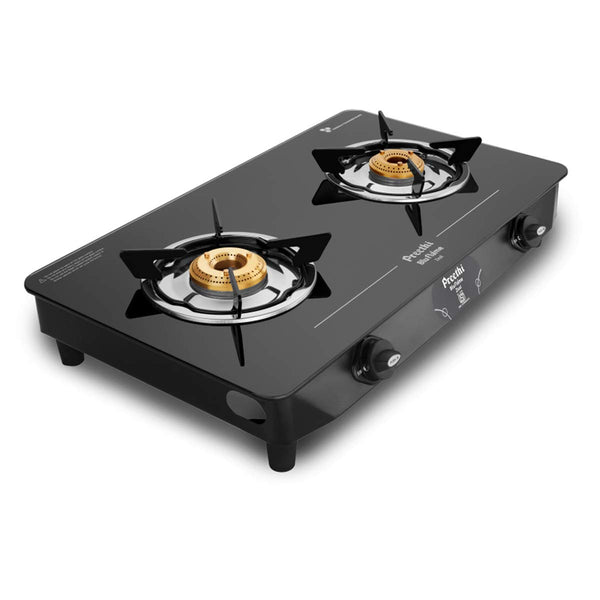 Preethi - GTS123 Zeal glass top 2 burner gas stove, Manual Ignition, Black